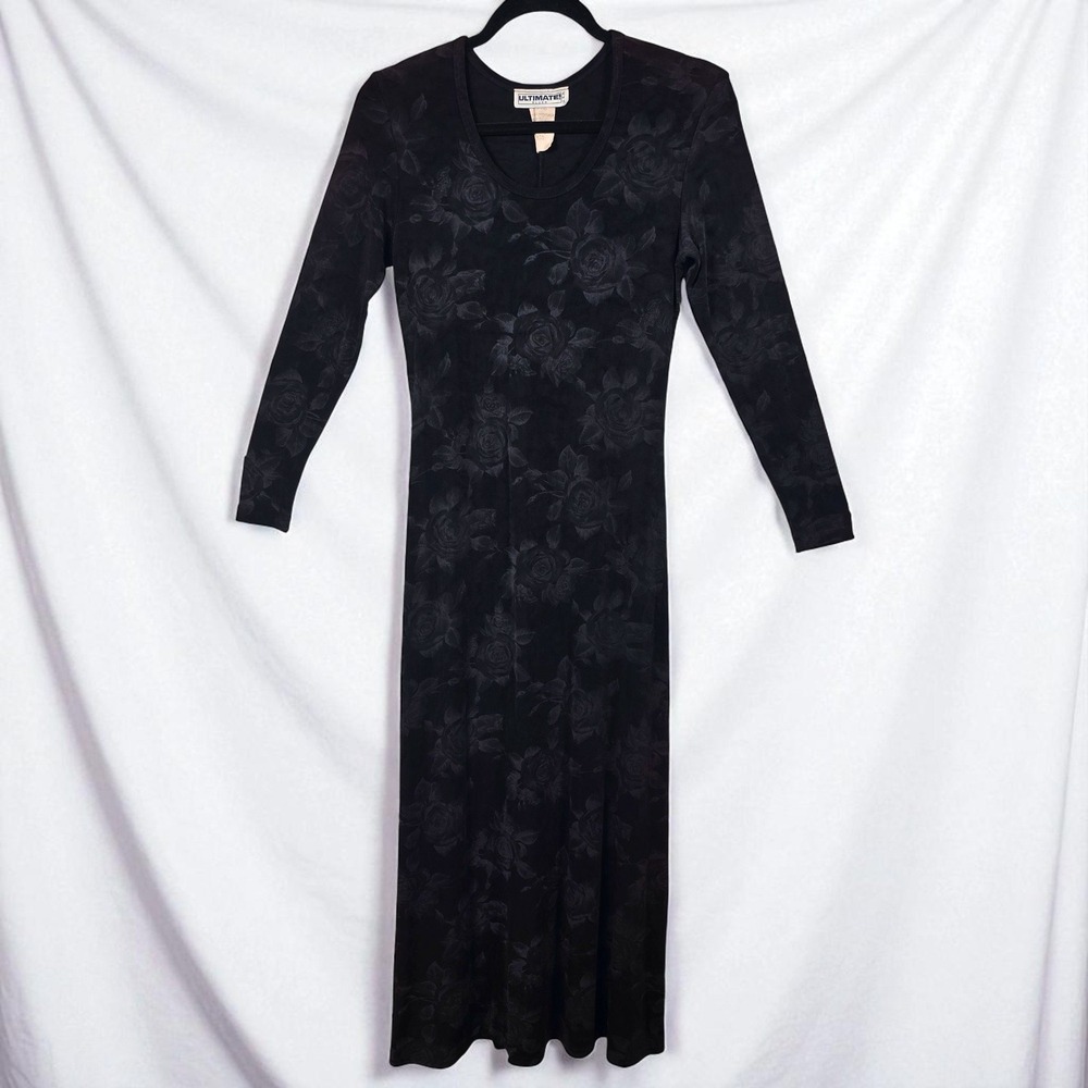Vintage Ultimate Blues Black Rose Floral Maxi Dress Women's Large Gothic Core